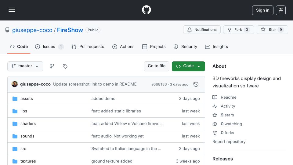 Screenshot of github.com: Pyrotechnic Display Design Software