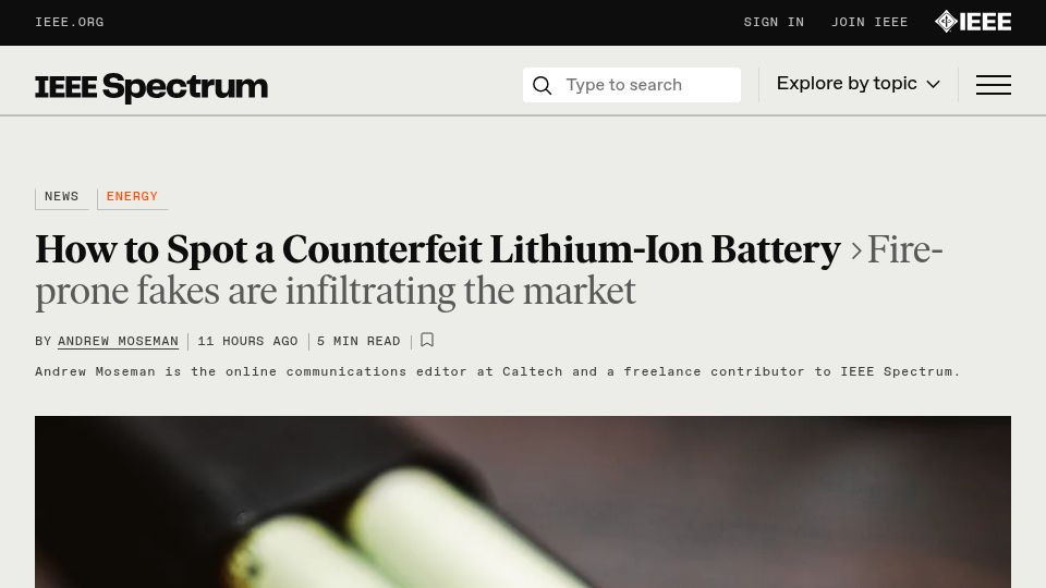Screenshot of spectrum.ieee.org: How to Spot a Counterfeit Lithium-Ion Battery