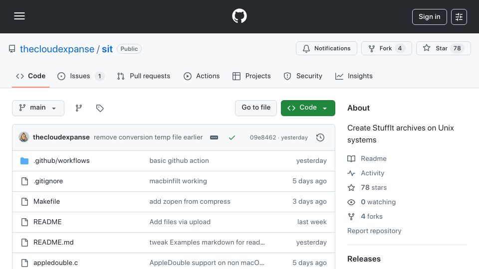 Screenshot of github.com: Sit – Create StuffIt archives on Unix systems