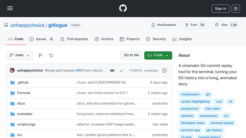 Screenshot of github.com: Show HN: Gitlogue – A terminal tool that replays your Git commits with animation