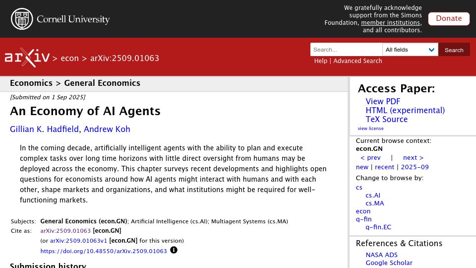 Screenshot of arxiv.org: An Economy of AI Agents