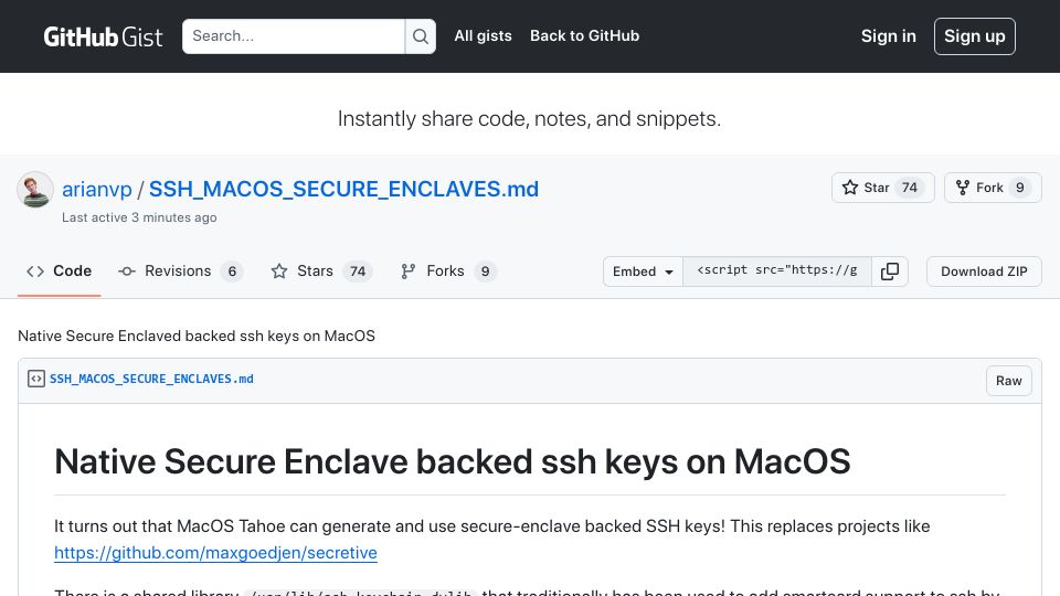 Screenshot of gist.github.com: Native Secure Enclave backed SSH keys on macOS