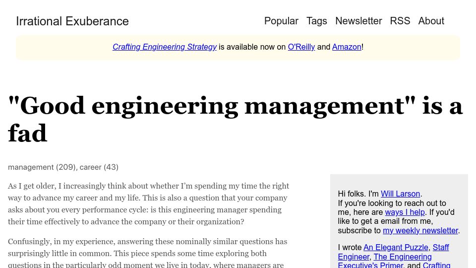 Screenshot of lethain.com: "Good engineering management" is a fad