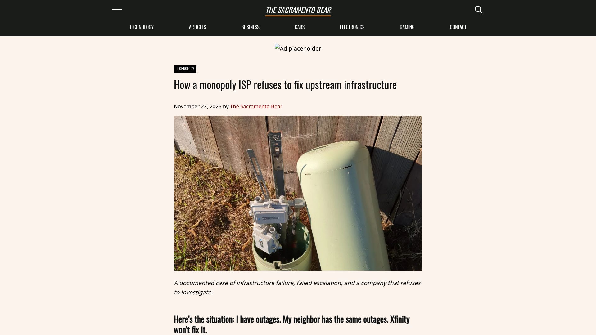 Screenshot of sacbear.com: A monopoly ISP refuses to fix upstream infrastructure