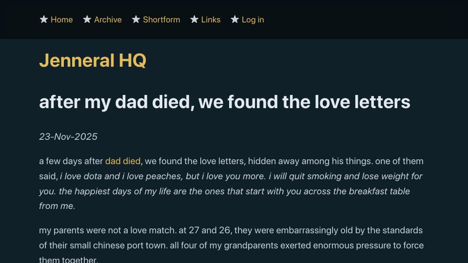 Screenshot of jenn.site: After my dad died, we found the love letters