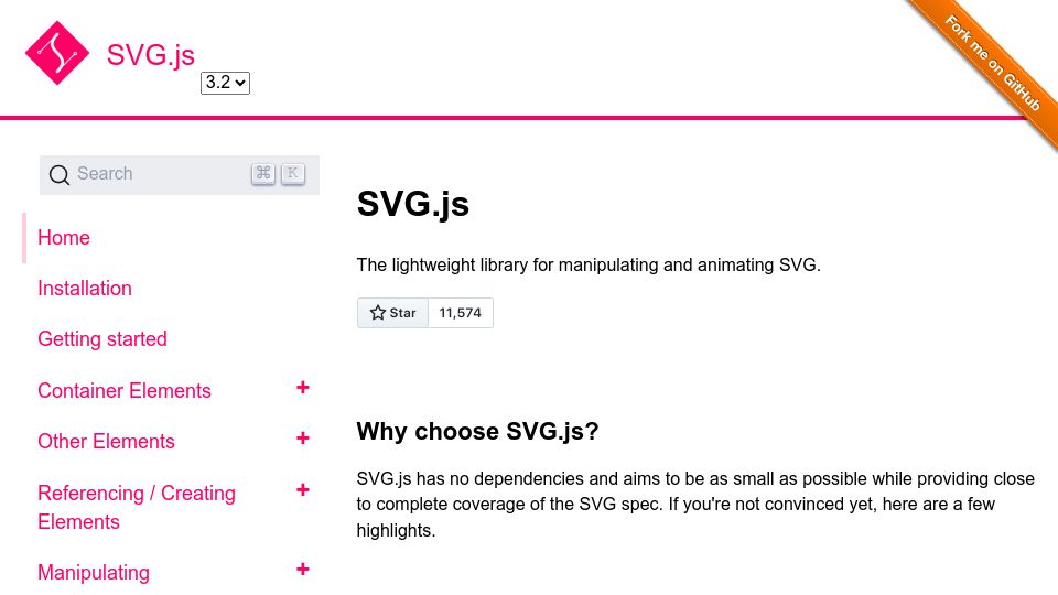 Screenshot of svgjs.dev: SVG.js v3.2