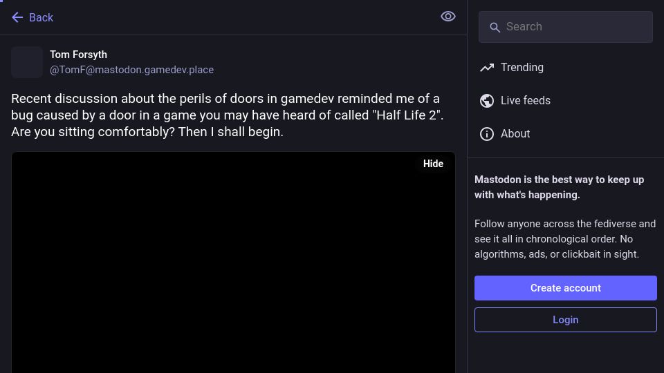 Screenshot of mastodon.gamedev.place: A time-travelling door bug in Half Life 2