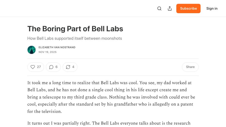 Screenshot of elizabethvannostrand.substack.com: The Boring Part of Bell Labs
