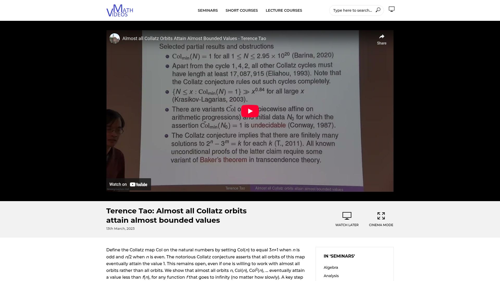 Screenshot of mathvideos.org: Almost all Collatz orbits attain almost bounded values