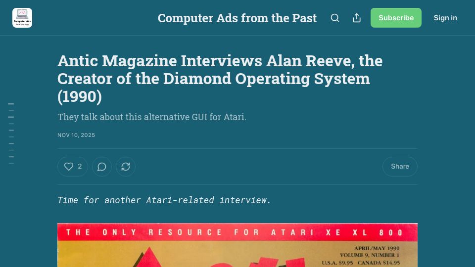 Screenshot of computeradsfromthepast.substack.com: Antic Magazine Interviews Alan Reeve, the Creator of the Diamond OS (1990)