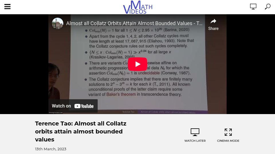 Screenshot of mathvideos.org: Almost all Collatz orbits attain almost bounded values