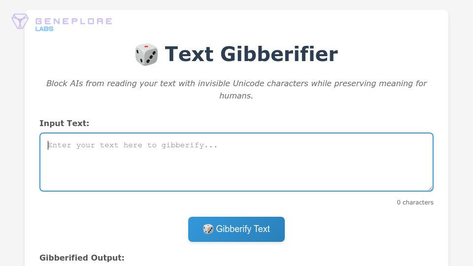 Screenshot of gibberifier.com: Show HN: Stun LLMs with thousands of invisible Unicode characters