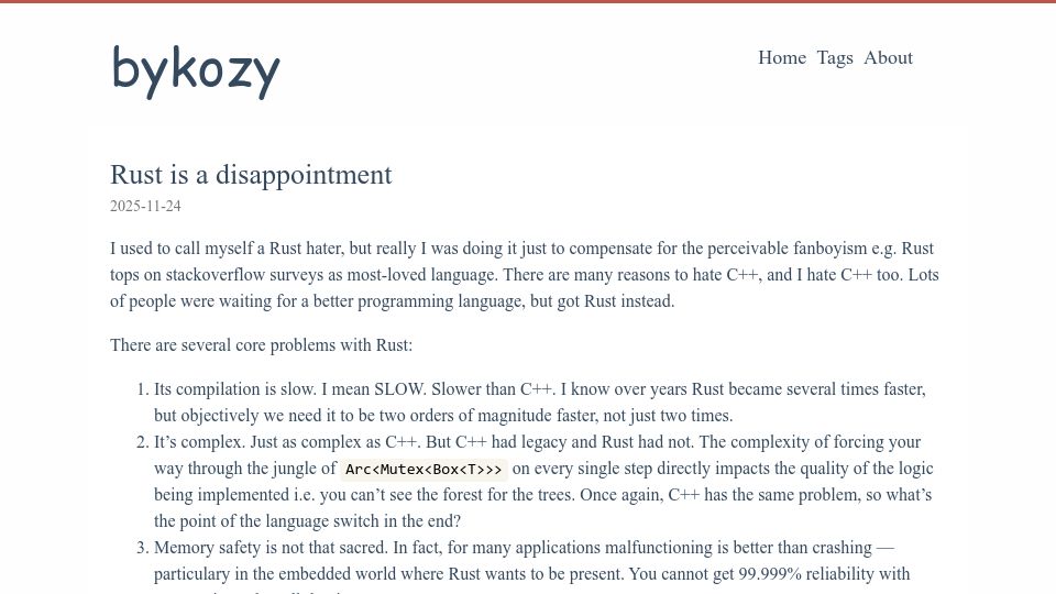 Screenshot of bykozy.me: Several core problems with Rust