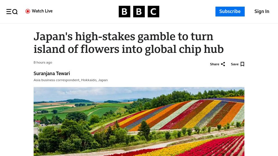 Screenshot of bbc.com: Japan's gamble to turn island of Hokkaido into global chip hub