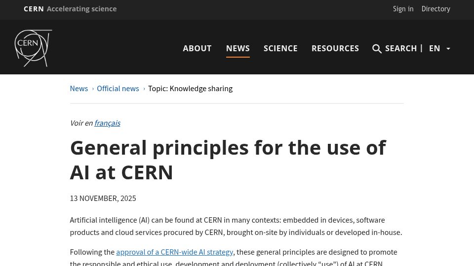 Screenshot of home.web.cern.ch: General principles for the use of AI at CERN