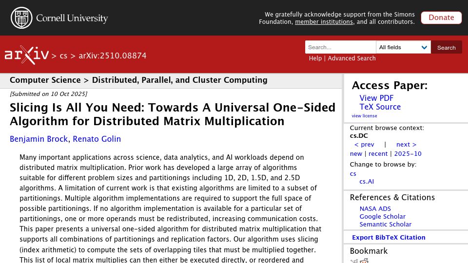 Screenshot of arxiv.org: Slicing Is All You Need: Towards a Universal One-Sided Distributed MatMul
