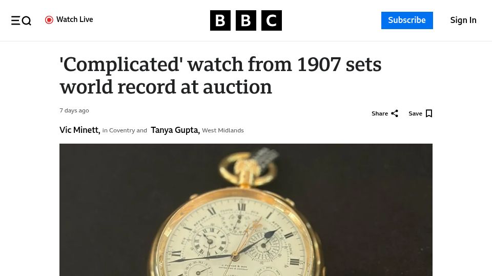Screenshot of bbc.co.uk: 'Complicated' watch from 1907 sets world record at auction