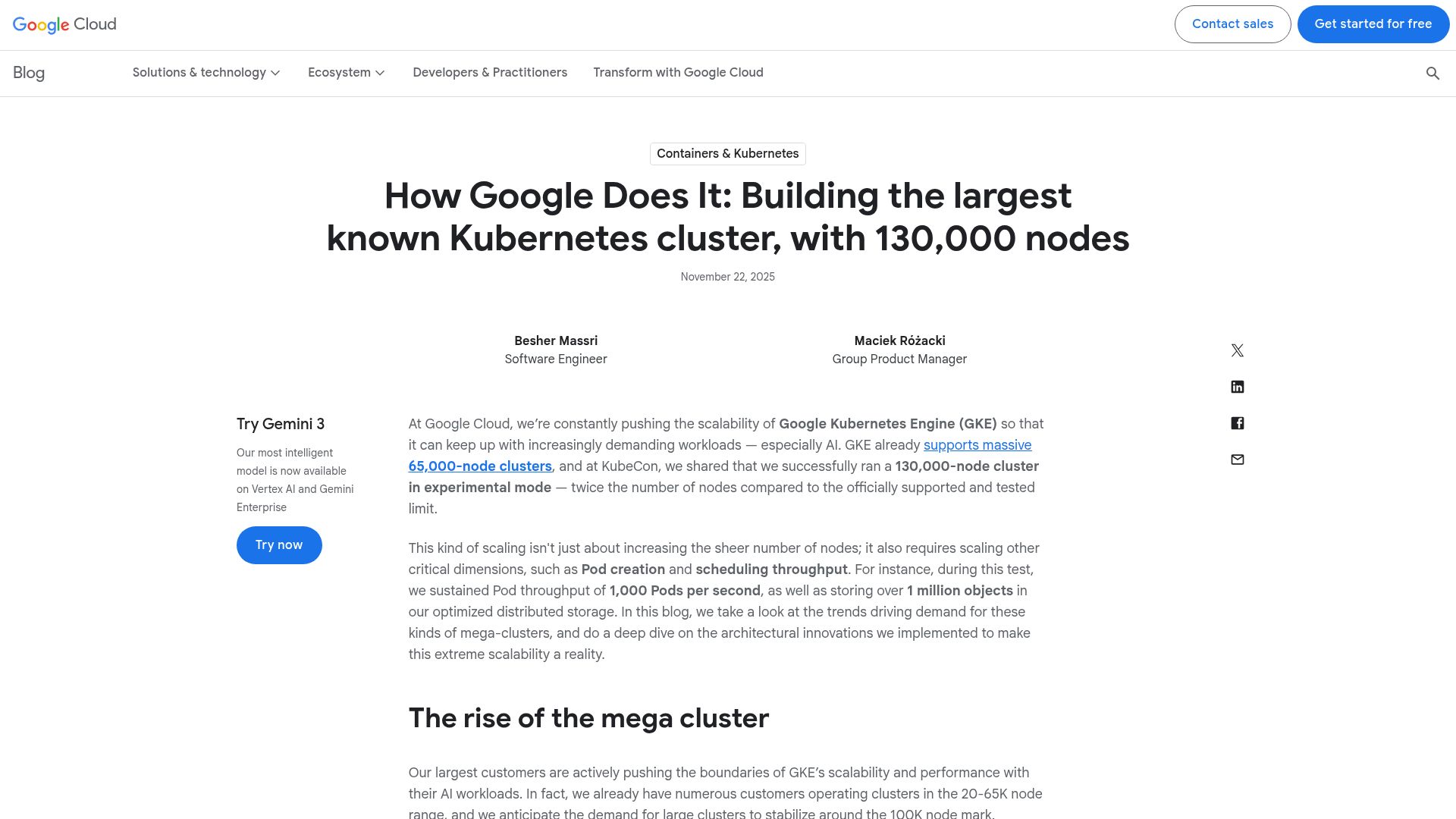 Screenshot of cloud.google.com: Building the largest known Kubernetes cluster