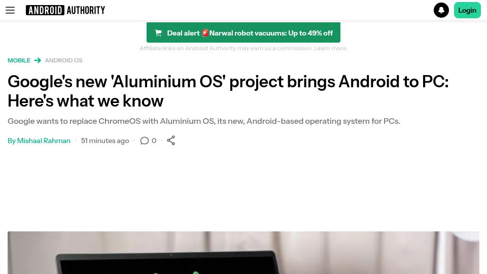 Screenshot of androidauthority.com: Google's new 'Aluminium OS' project brings Android to PC