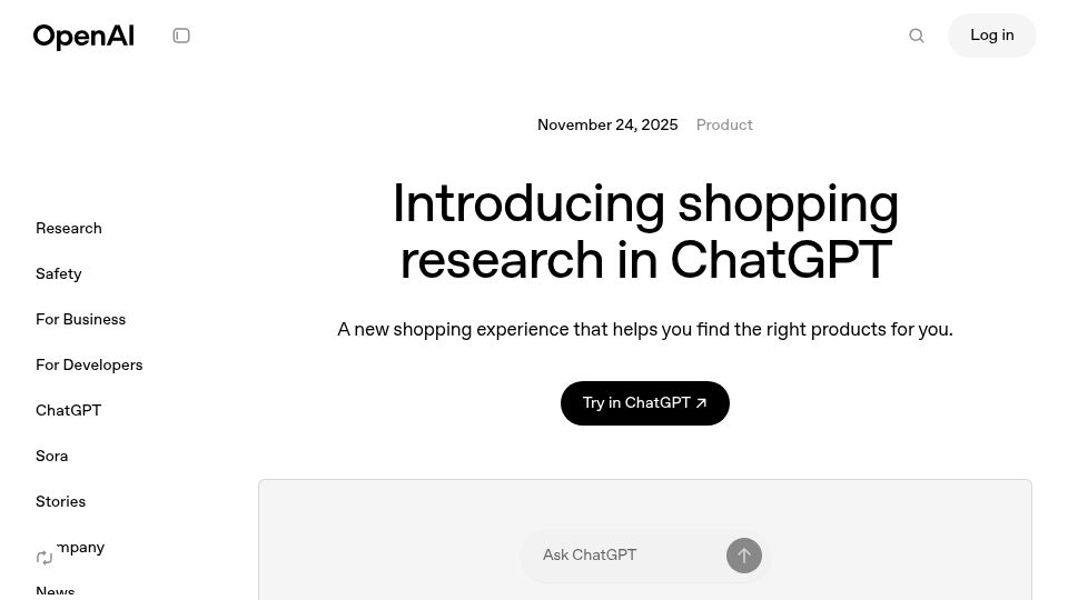 Screenshot of openai.com: Shopping research in ChatGPT