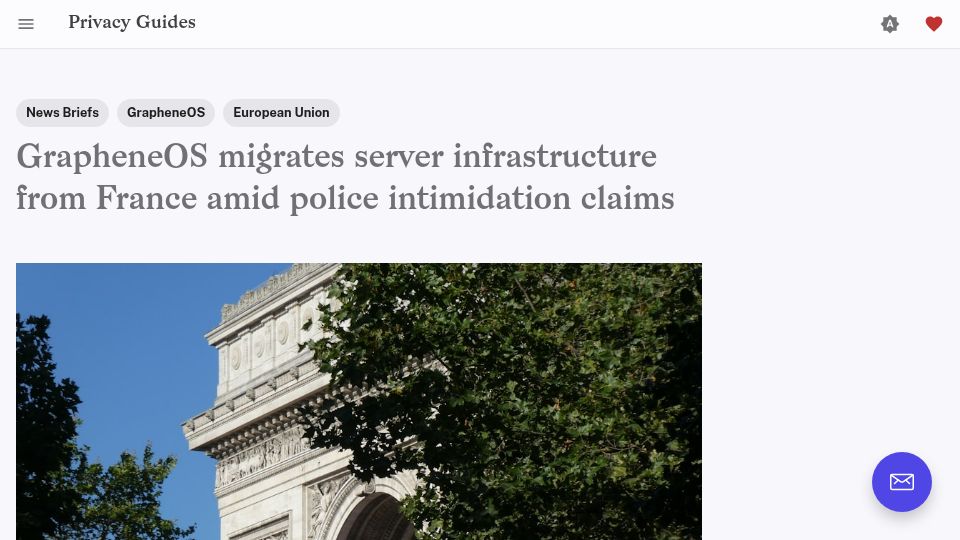 Screenshot of privacyguides.org: GrapheneOS migrates server infrastructure from France