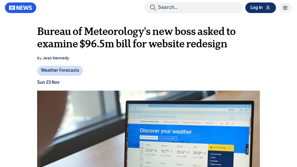 Screenshot of abc.net.au: Bureau of Meteorology's new boss asked to examine $96M bill for website redesign