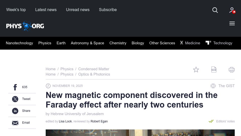 Screenshot of phys.org: New magnetic component discovered in the Faraday effect