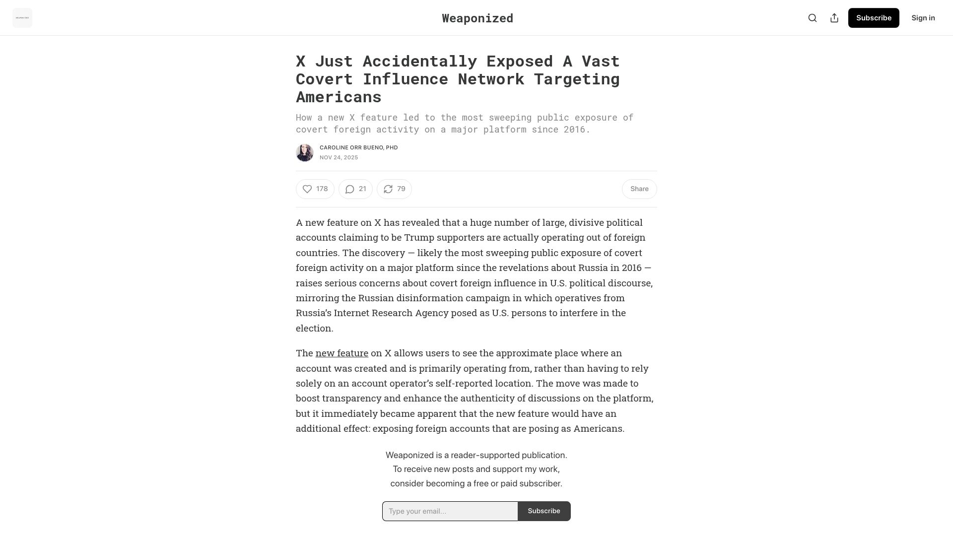 Screenshot of weaponizedspaces.substack.com: X Just Accidentally Exposed a Covert Influence Network Targeting Americans