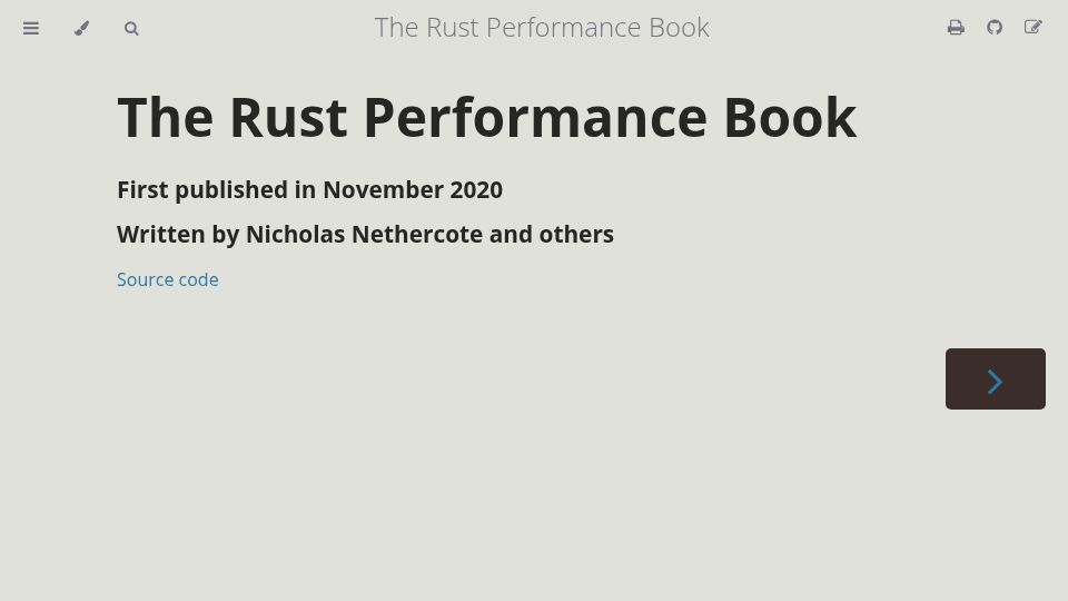 Screenshot of nnethercote.github.io: The Rust Performance Book (2020)