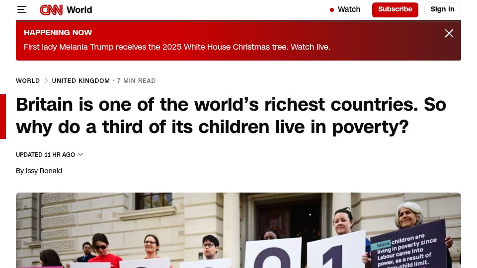 Screenshot of cnn.com: Britain is one of the richest countries. So why do children live in poverty?