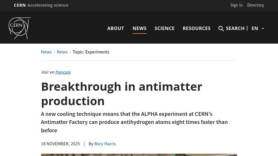 Screenshot of home.cern: Breakthrough in antimatter production