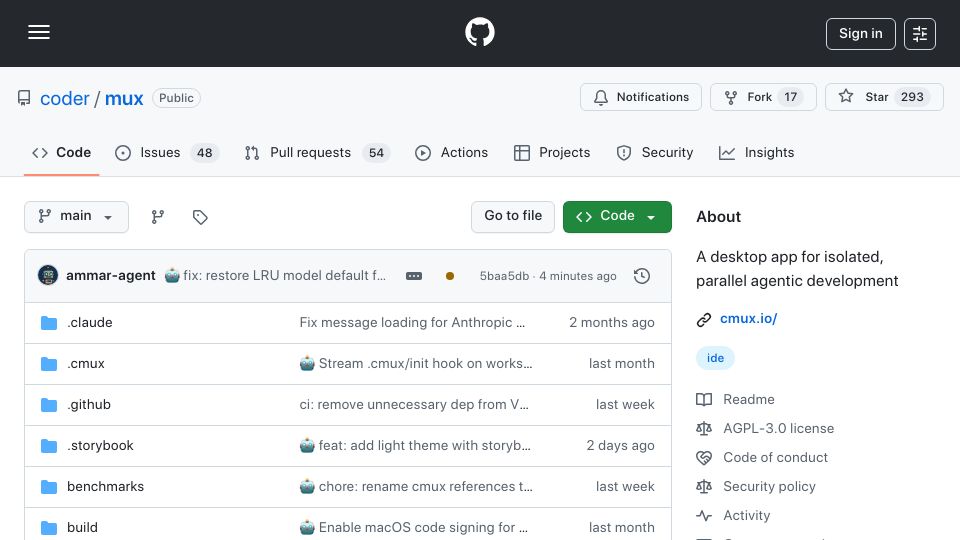 Screenshot of github.com: A desktop app for isolated, parallel agentic development
