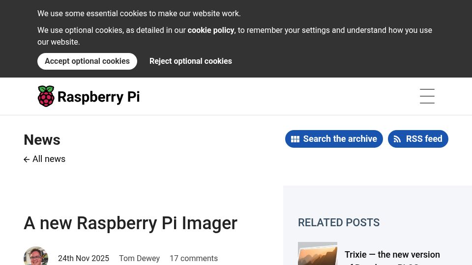 Screenshot of raspberrypi.com: A New Raspberry Pi Imager