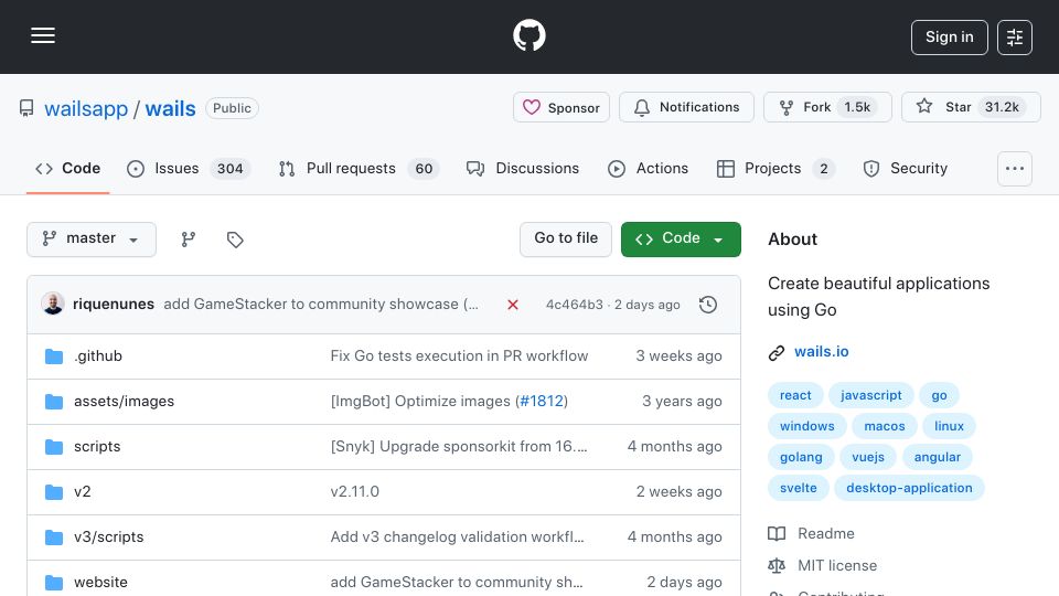 Screenshot of github.com: Build desktop applications using Go and Web Technologies