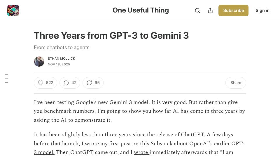 Screenshot of oneusefulthing.org: Three Years from GPT-3 to Gemini 3