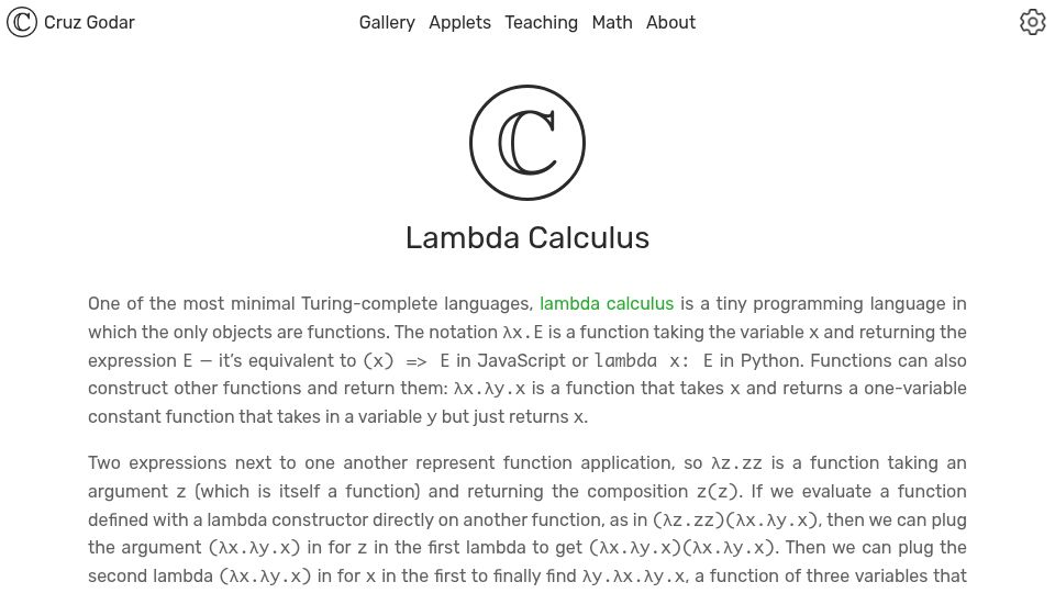 Screenshot of cruzgodar.com: Lambda Calculus – Animated Beta Reduction of Lambda Diagrams