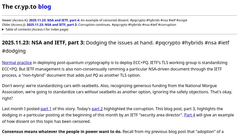 Screenshot of blog.cr.yp.to: NSA and IETF, part 3: Dodging the issues at hand