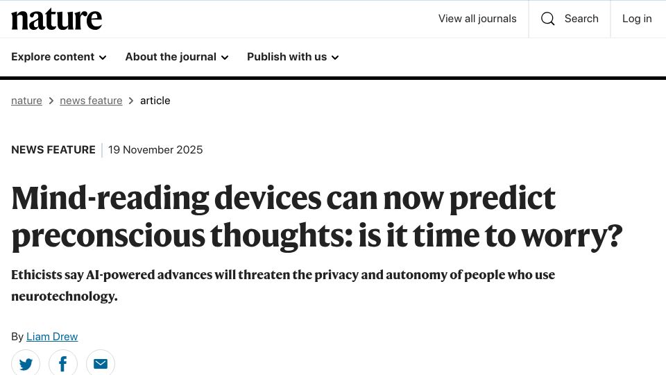 Screenshot of nature.com: Mind-reading devices can now predict preconscious thoughts
