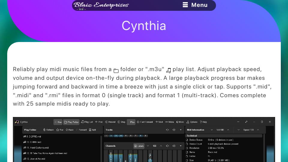 Screenshot of blaizenterprises.com: Show HN: Cynthia – Reliably play MIDI music files – MIT / Portable / Windows