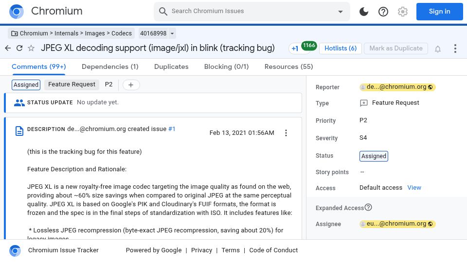 Screenshot of issues.chromium.org: Chrome Jpegxl Issue Reopened