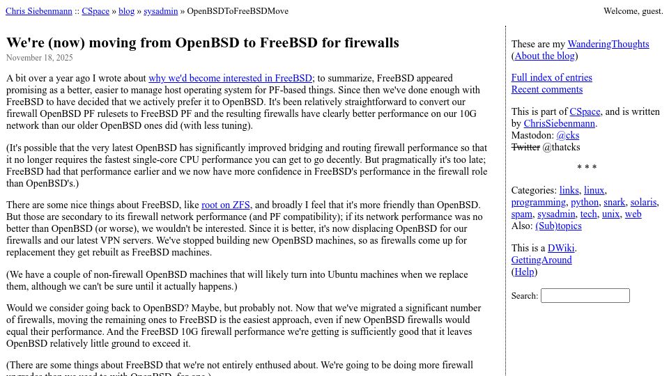 Screenshot of utcc.utoronto.ca: Moving from OpenBSD to FreeBSD for firewalls