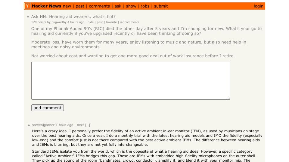 Screenshot of Hacker News post: Ask HN: Hearing aid wearers, what's hot?