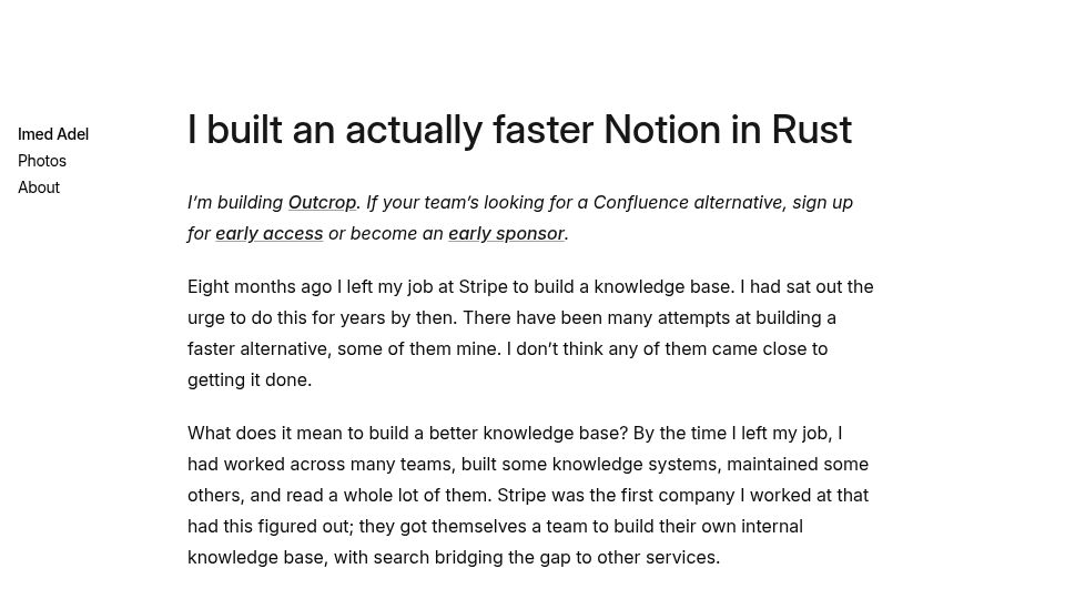 Screenshot of imedadel.com: I built a faster Notion in Rust