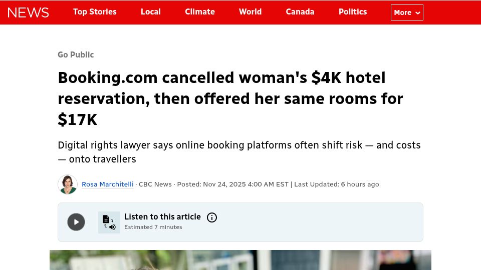 Screenshot of cbc.ca: Booking.com cancels $4K hotel reservation, offers same rooms again for $17K