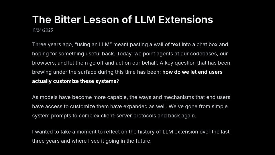 Screenshot of sawyerhood.com: The Bitter Lesson of LLM Extensions