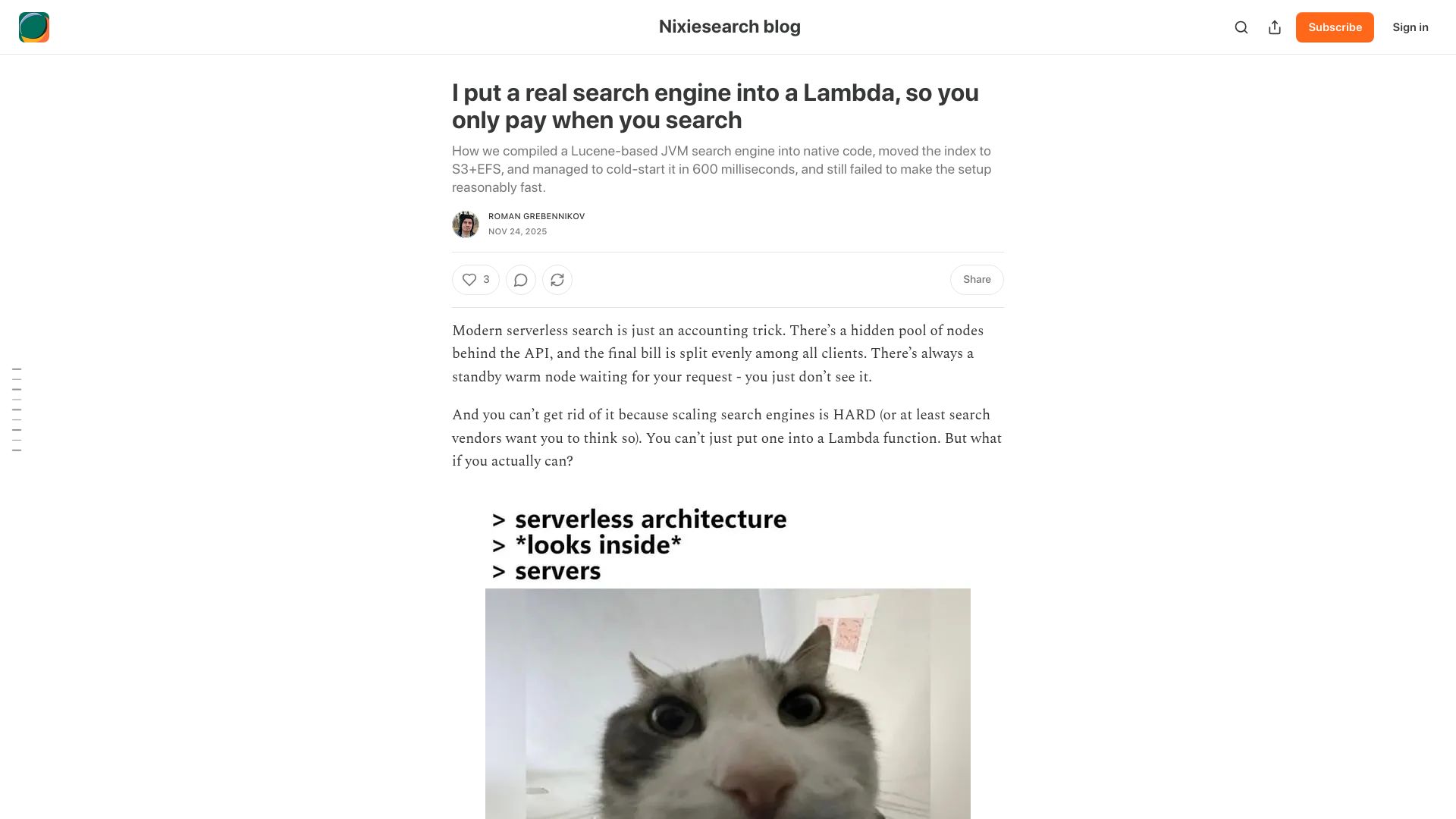 Screenshot of nixiesearch.substack.com: I put a real search engine into a Lambda, so you only pay when you search