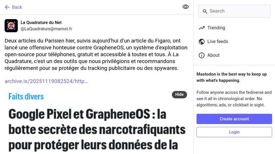 Screenshot of mamot.fr: France threatens GrapheneOS with arrests / server seizure for refusing backdoors
