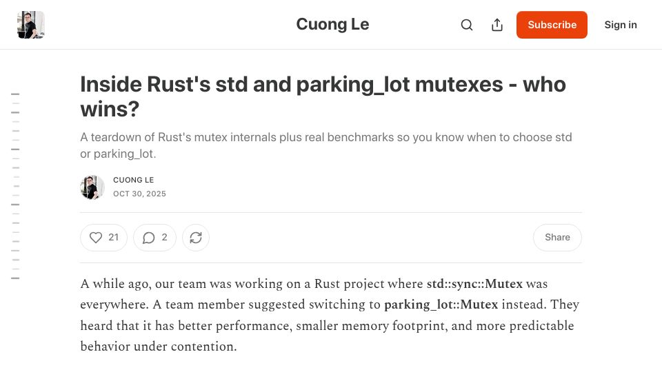 Screenshot of blog.cuongle.dev: Inside Rust's std and parking_lot mutexes – who wins?