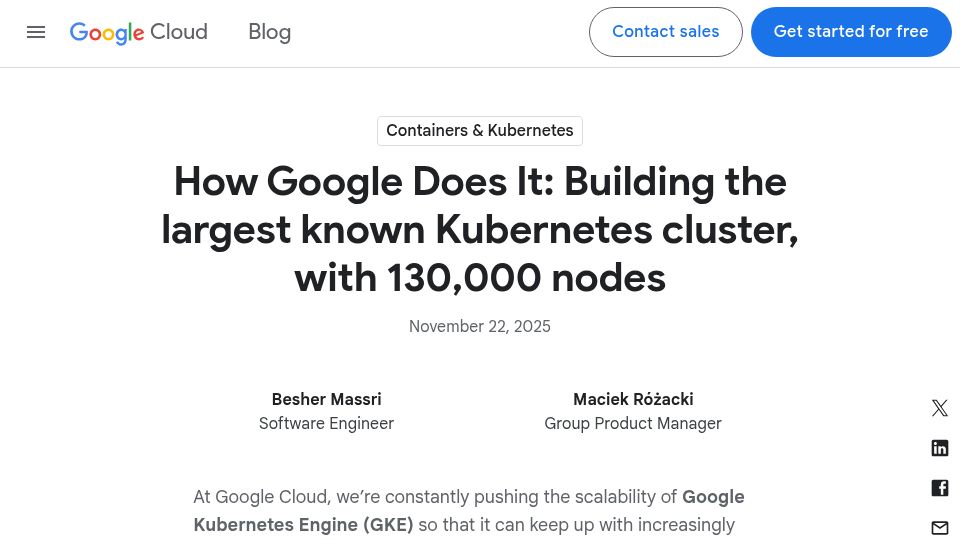 Screenshot of cloud.google.com: Building the largest known Kubernetes cluster