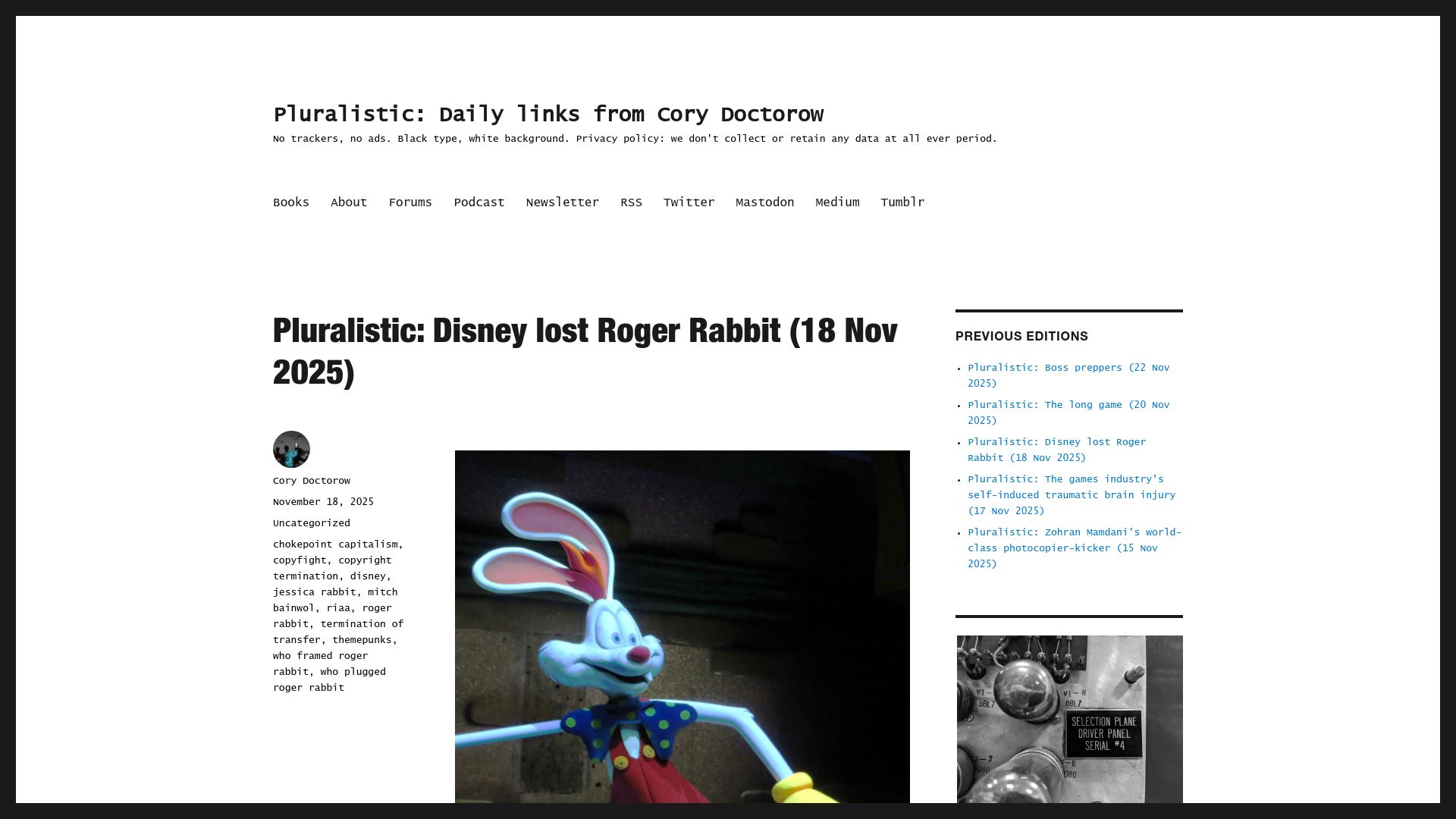 Screenshot of pluralistic.net: Disney Lost Roger Rabbit